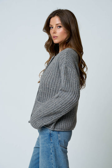 MARLED BUTTON DOWN RAW EDGE CHUNKY KNIT CARDIGAN