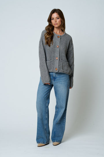 MARLED BUTTON DOWN RAW EDGE CHUNKY KNIT CARDIGAN
