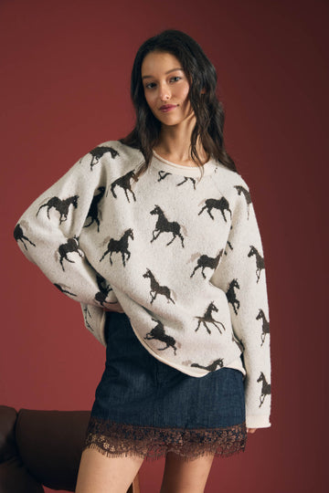 HORSE JACQUARD RAW TRIM LONG SLEEVE KNIT SWEATER