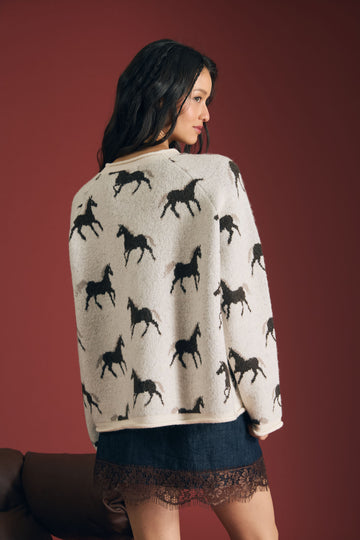 HORSE JACQUARD RAW TRIM LONG SLEEVE KNIT SWEATER