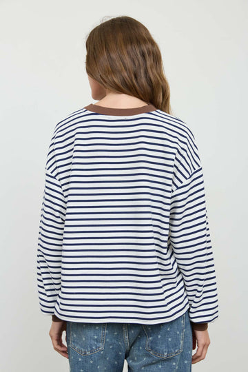 STRIPE CREW NECK V-STITCH LONG SLEEVE KNIT TOP