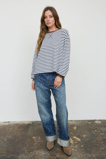 STRIPE CREW NECK V-STITCH LONG SLEEVE KNIT TOP