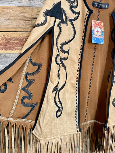 Henley Suede Boot Stitch Fringe Cape - Camel
