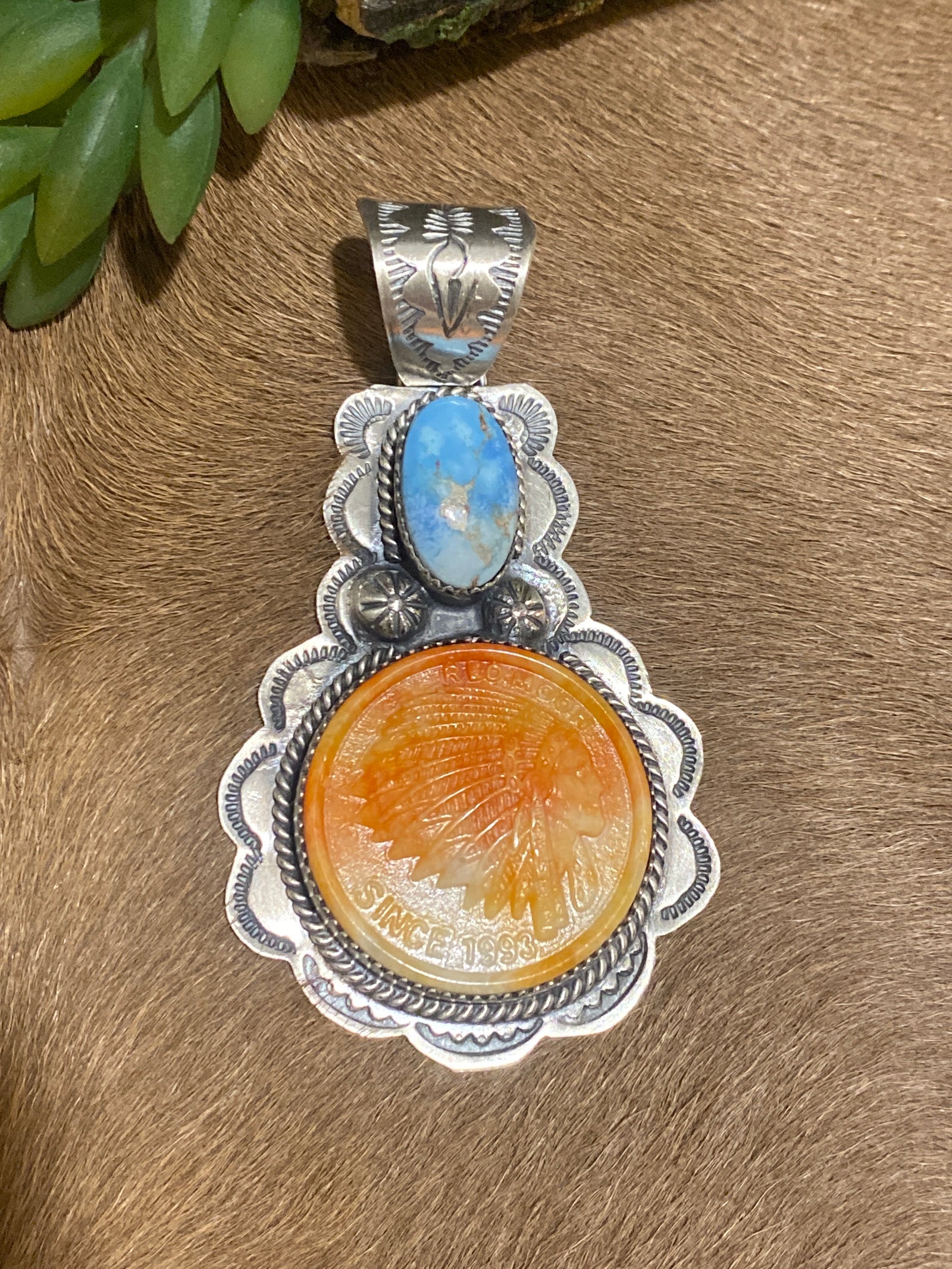 Sterling Scallop Framed Turquoise & Carved Spiny Chief Pendant