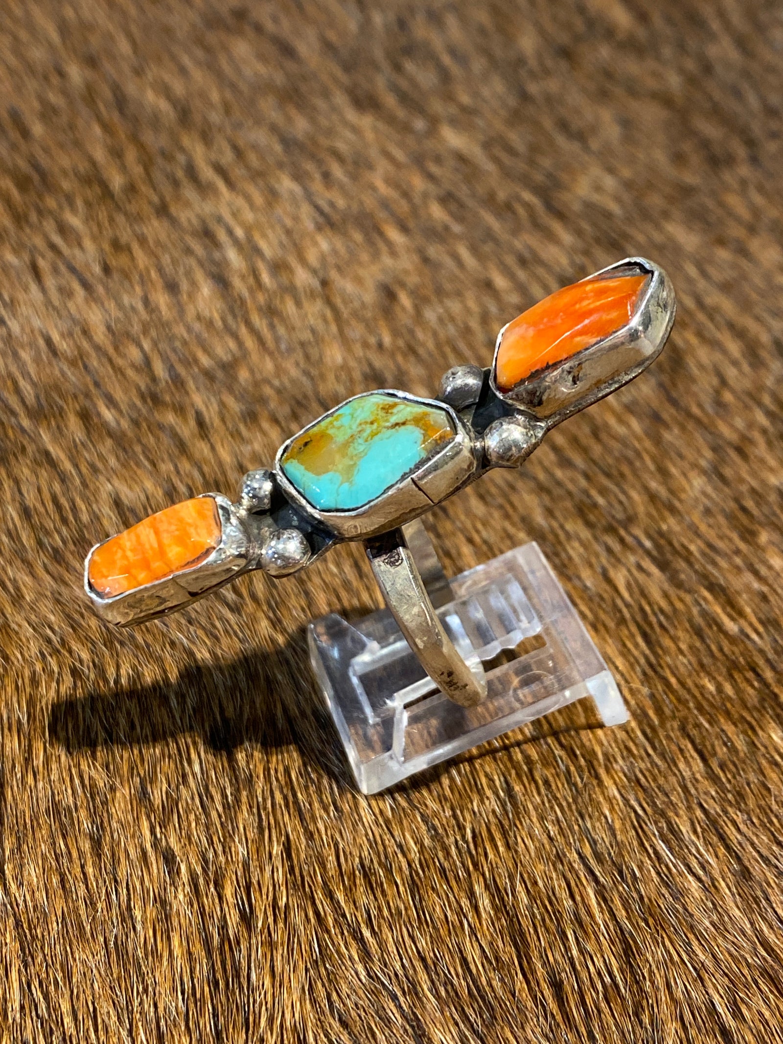 Oriole Sunrise Turquoise & Orange Spiny Triple Stone Ring - Adjustable
