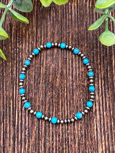 Jayco Sterling Round Turquoise & Navajo Bead Stretch Bracelet