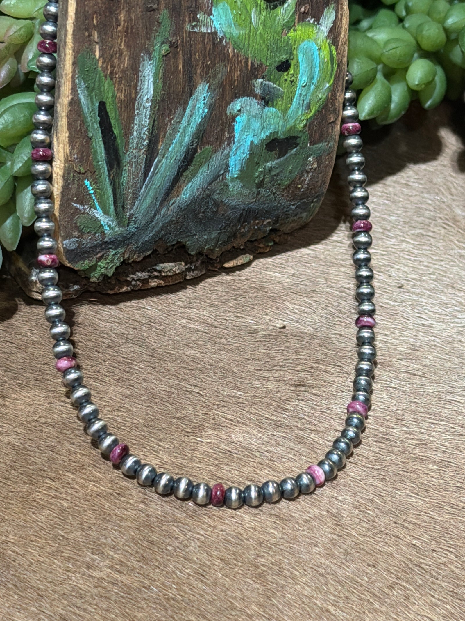 Maxine Sterling 3mm Navajo & Purple Spiny Necklace - 17"