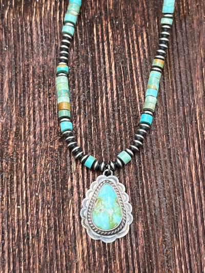 Agatha Turquoise Cylinder Navajo Saucer Sterling Necklace With Teardrop Pendant - 16"