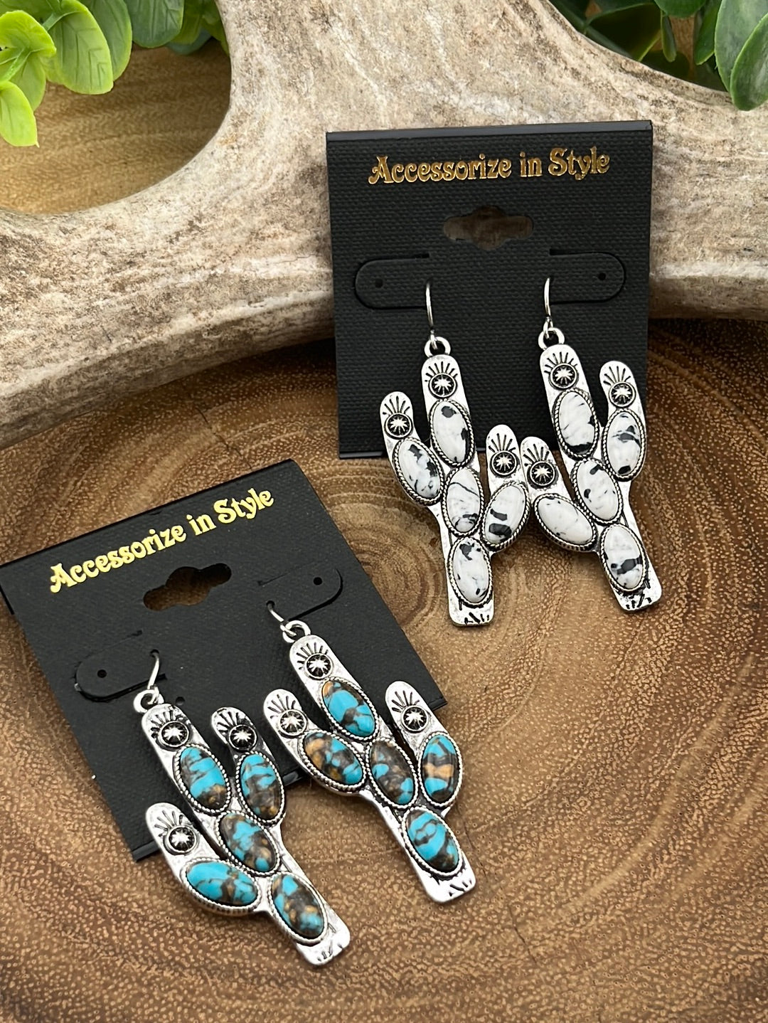Shania Stamped Stone Cactus Fashion Earrings