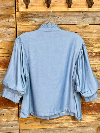 Juliet Blue Ruffle Neck Puff Sleeve Blouse