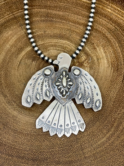 Night Star 4mm Navajo Necklace With Sterling Thunderbird Pendant