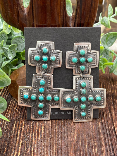 Brandon Linked Double Cross Stamped Earrings - Turquoise