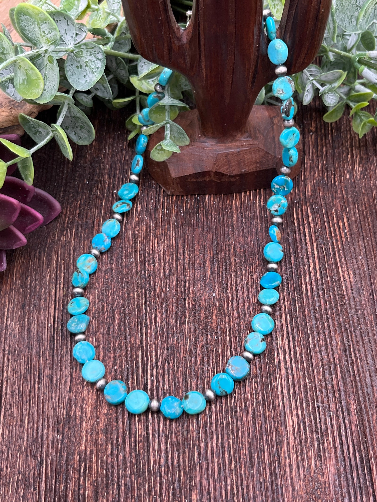 Agatha Flat Turquoise & Sterling Bead Necklace - 18"
