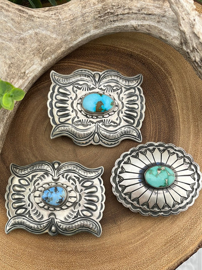 Trish Sterling Silver and Royston Turquoise Stamped Belt Buckle