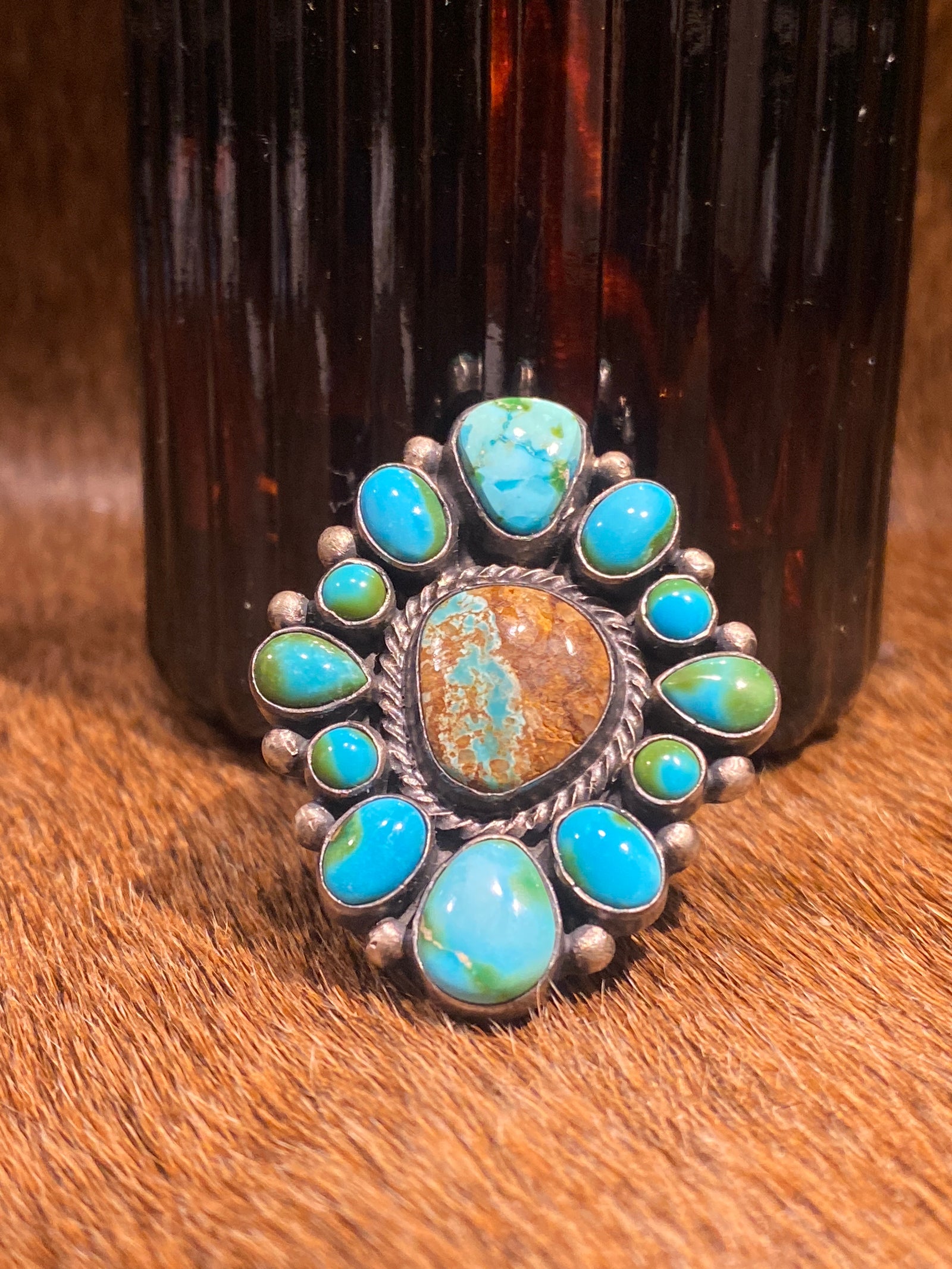 Chaldean Sonoran Gold Turquoise Cluster Sterling Ring - Adjustable