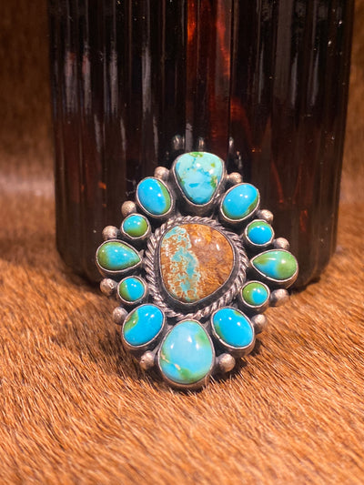 Chaldean Sonoran Gold Turquoise Cluster Sterling Ring - Adjustable