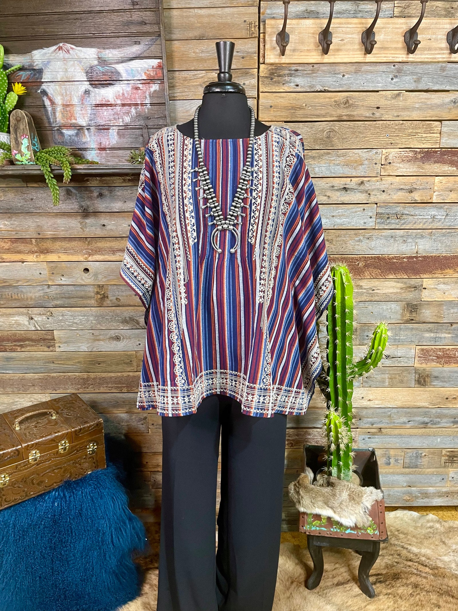 Lady Luck Embroidered Striped Poncho