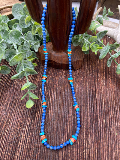 Sweet Home Denim Lapis Necklace With Turquoise & Orange Spiny - 18"