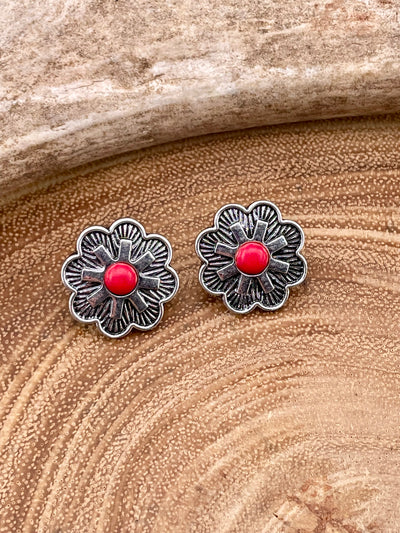 Bale Flower Concho Stud Earrings With Center Stone