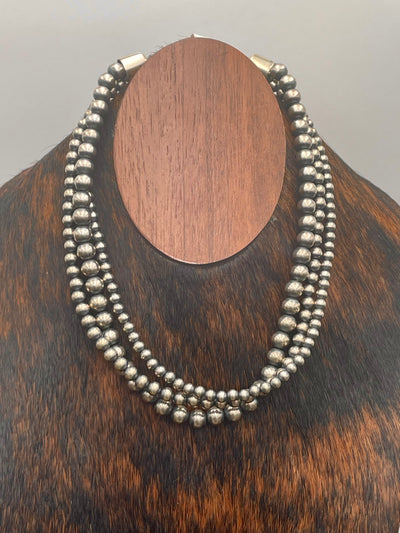 Triple Strand Sterling Navajo Necklace - 5, 6, 8mm