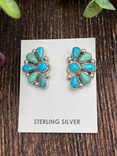 Shana Kingman Turquoise Round Center Half Circle Cluster Post Earrings - .9"