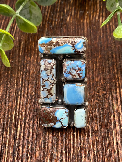 Cobblestone Sterling Rectangle 6 Stone Adjustable Ring - Turquoise