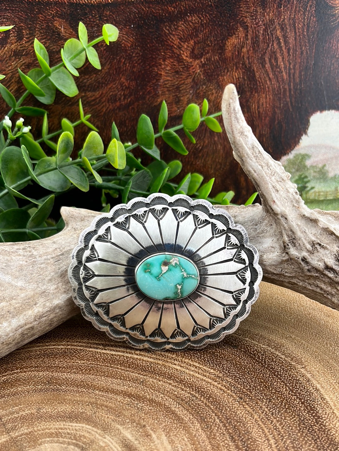 Denver Sterling Silver and Royston Turquoise Stamped Belt Buckle