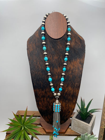 Hepburn Stunning Silver & Turquoise Tassel Necklace - 26"