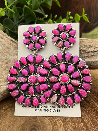 Sterling Silver Zuni Double Cluster Earrings - Hot Pink Fire Opal
