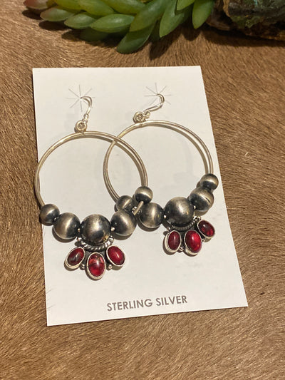 Hada Collection Sterling Wire Hoop Earrings With Navajo Pearls & Stones