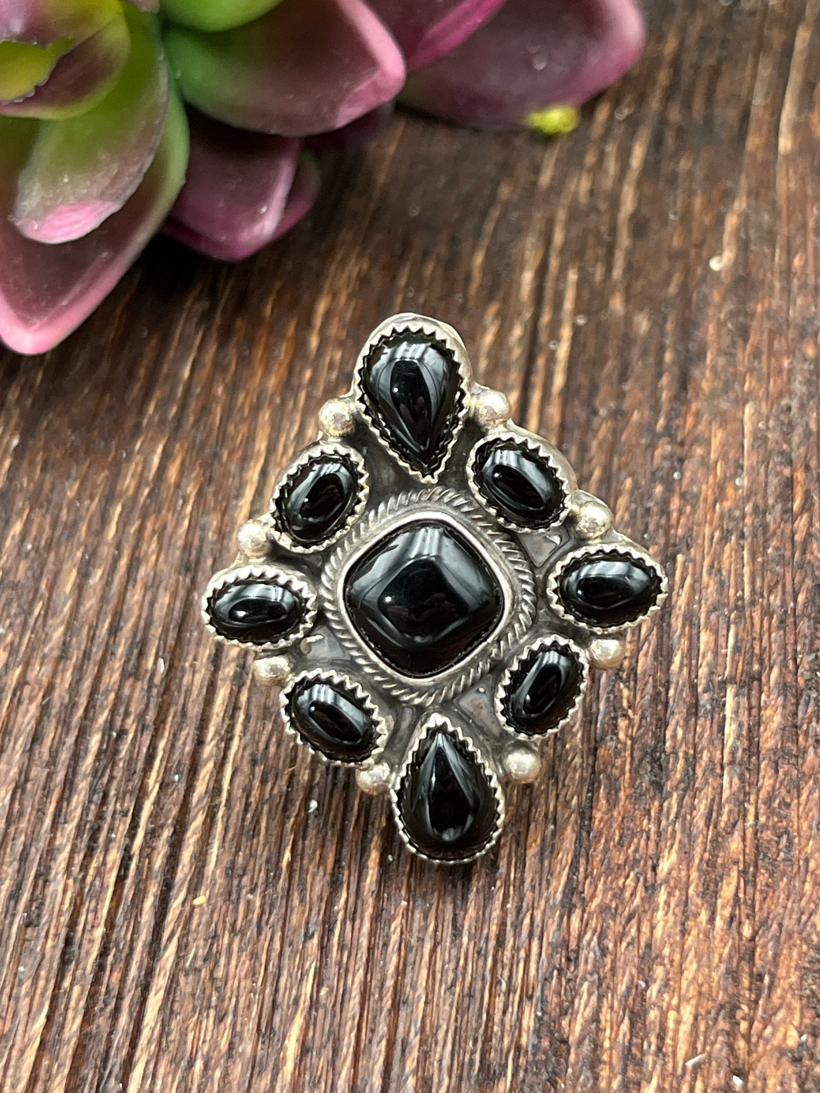 Coder Sterling Onyx 9 Stone Ring - size 8