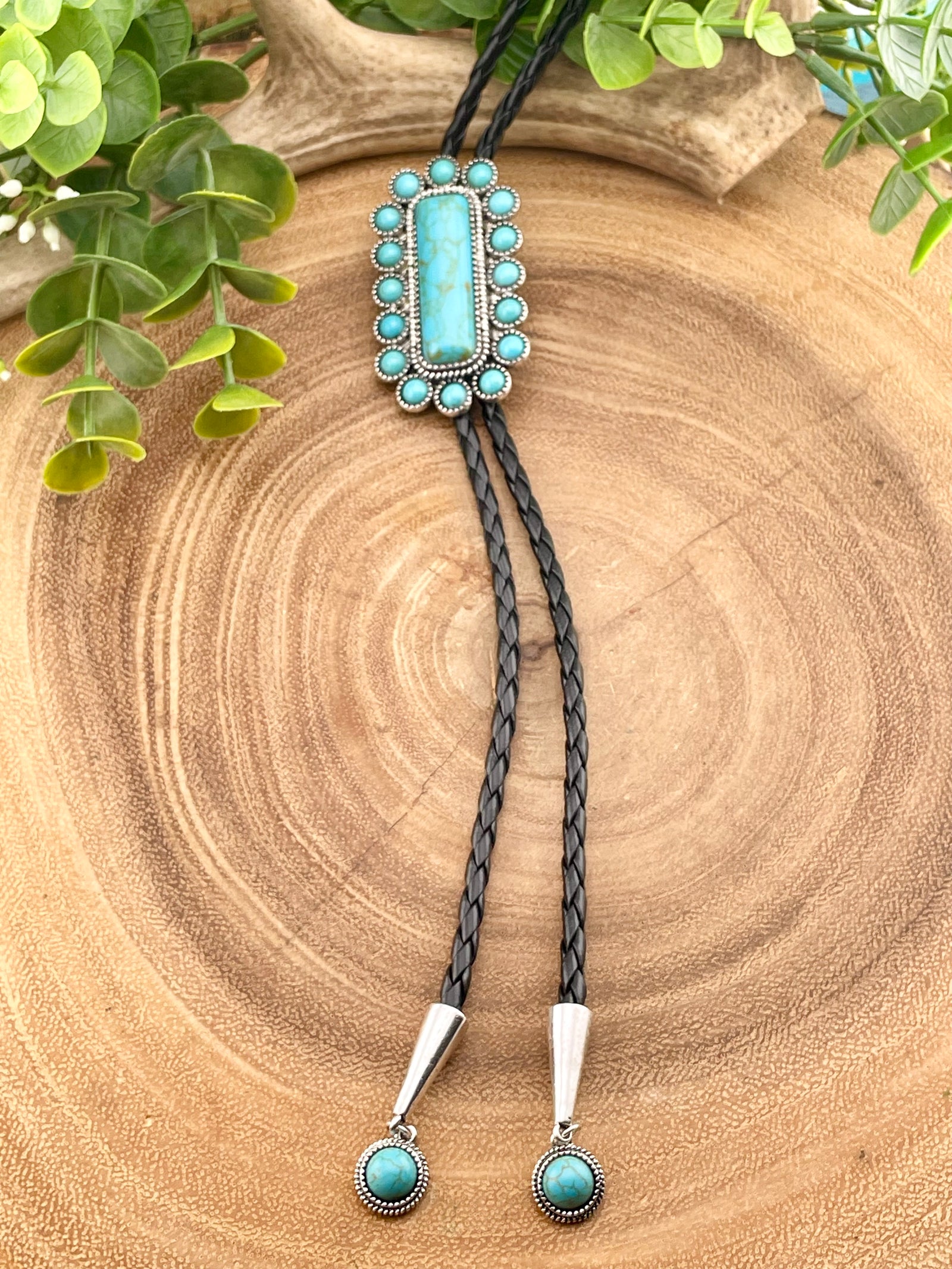 Hadley Fashion Leather & Turquoise Rectangle Cluster Bolero Necklace
