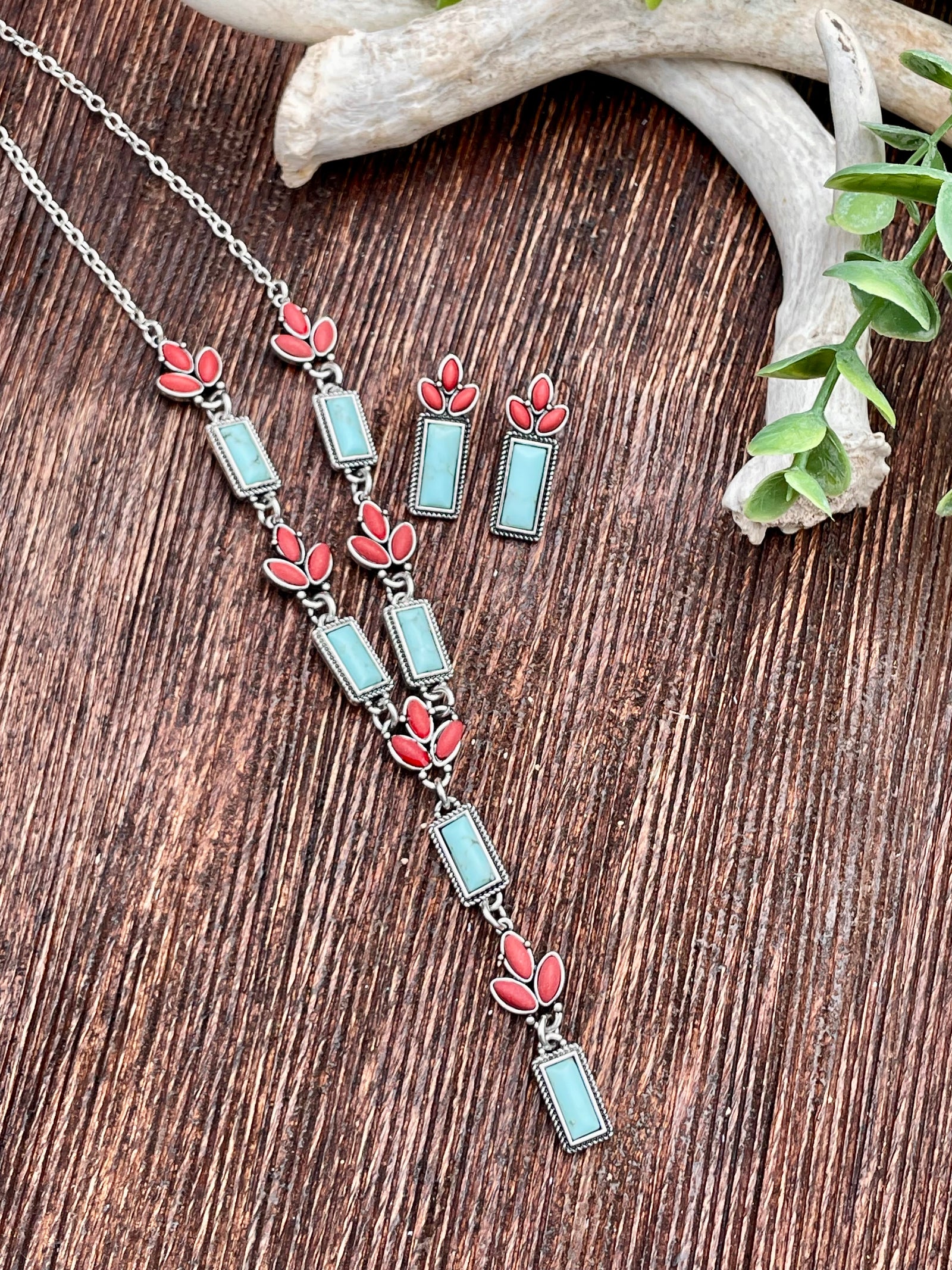 Josephine Fashion Red & Turquoise Stone Y Necklace Or Earrings