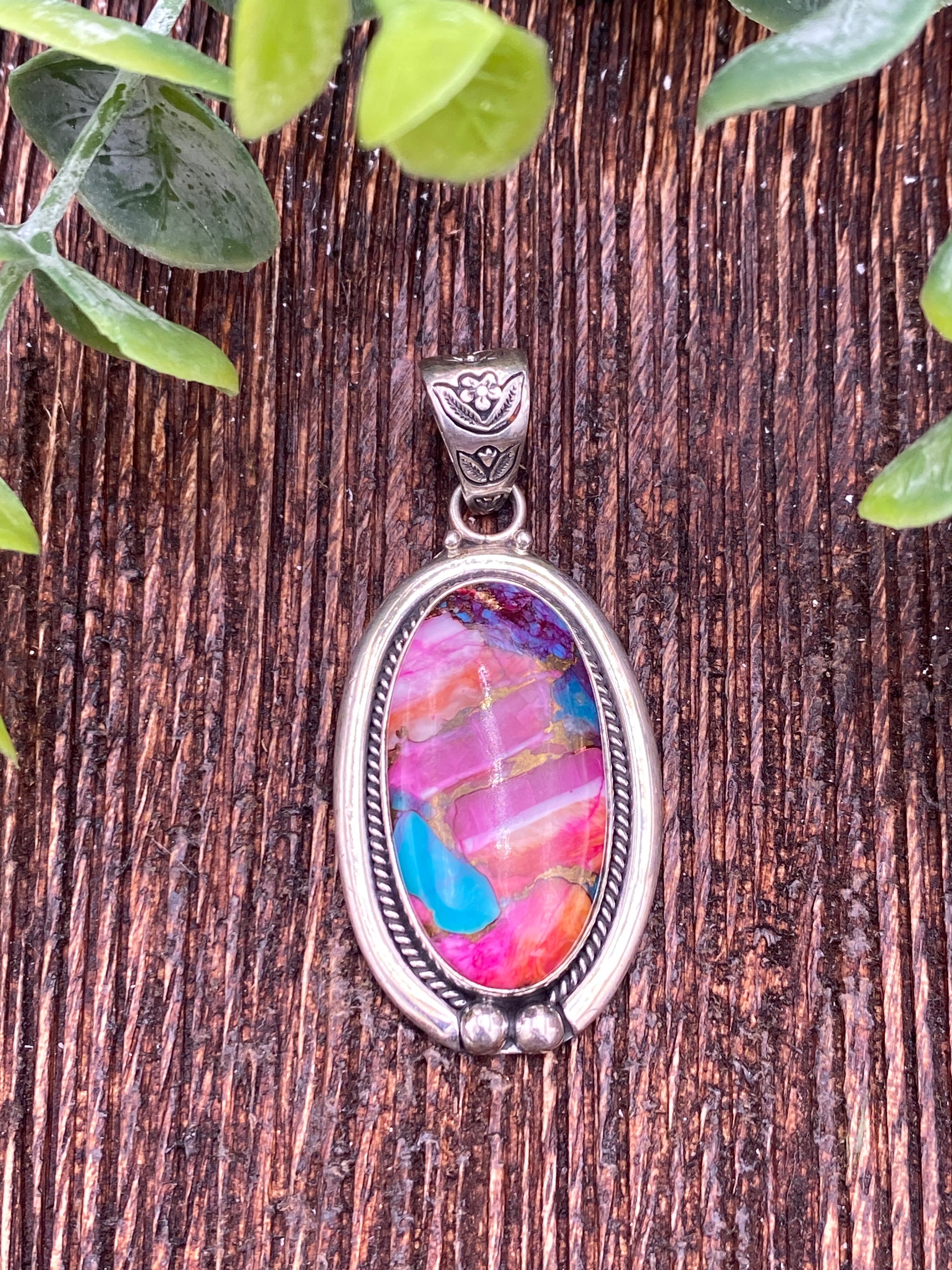 Davidson Stamped Bale Sterling Framed Oval Pendant - Dahlia Turquoise Mix