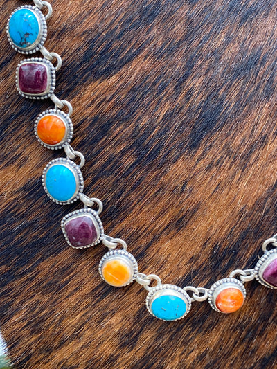 Jessa Linked Turquoise, Purple & Orange Sterling Necklace - 34"