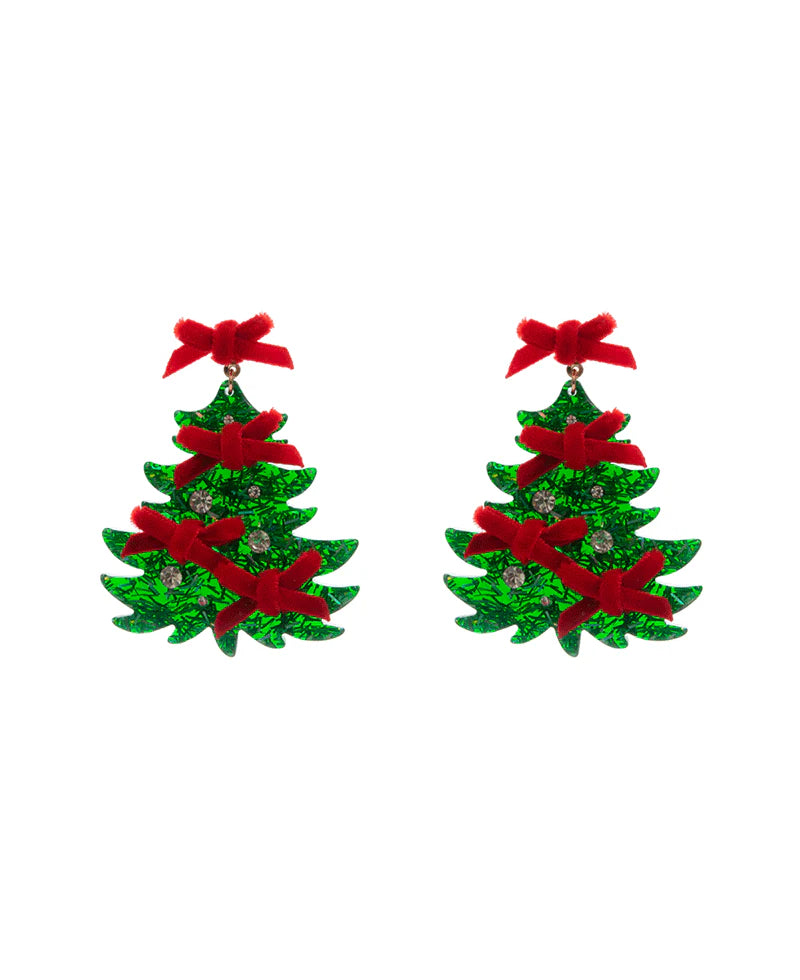 Christmas tree-shaped earrings with red bows on a white background