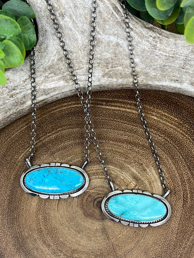 Avery Notched Sterling Kingman Turquoise Oval Necklace