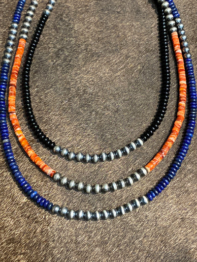 Kimberley Sterling Triple Grouping 4mm Navajo Pearl & Stone Bead Necklace - 20"