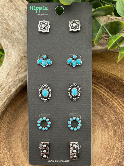 Joyful Turquoise Stud Earring Set - 5 pairs