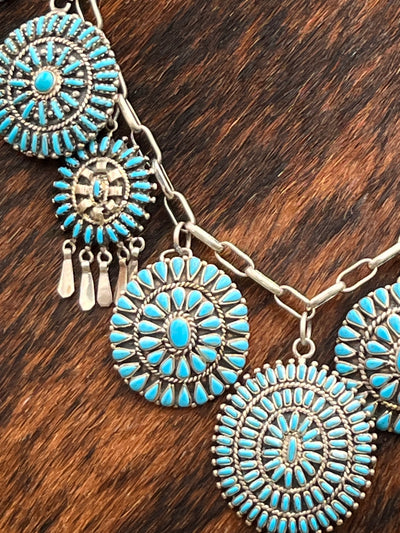 Fortega Sterling Link Chain Turquoise Cluster Charm Necklace - 22"