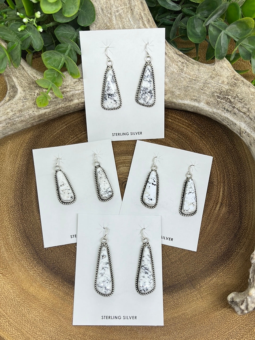 Pensive White Buffalo Roped Single Stone Fish Hook Earrings