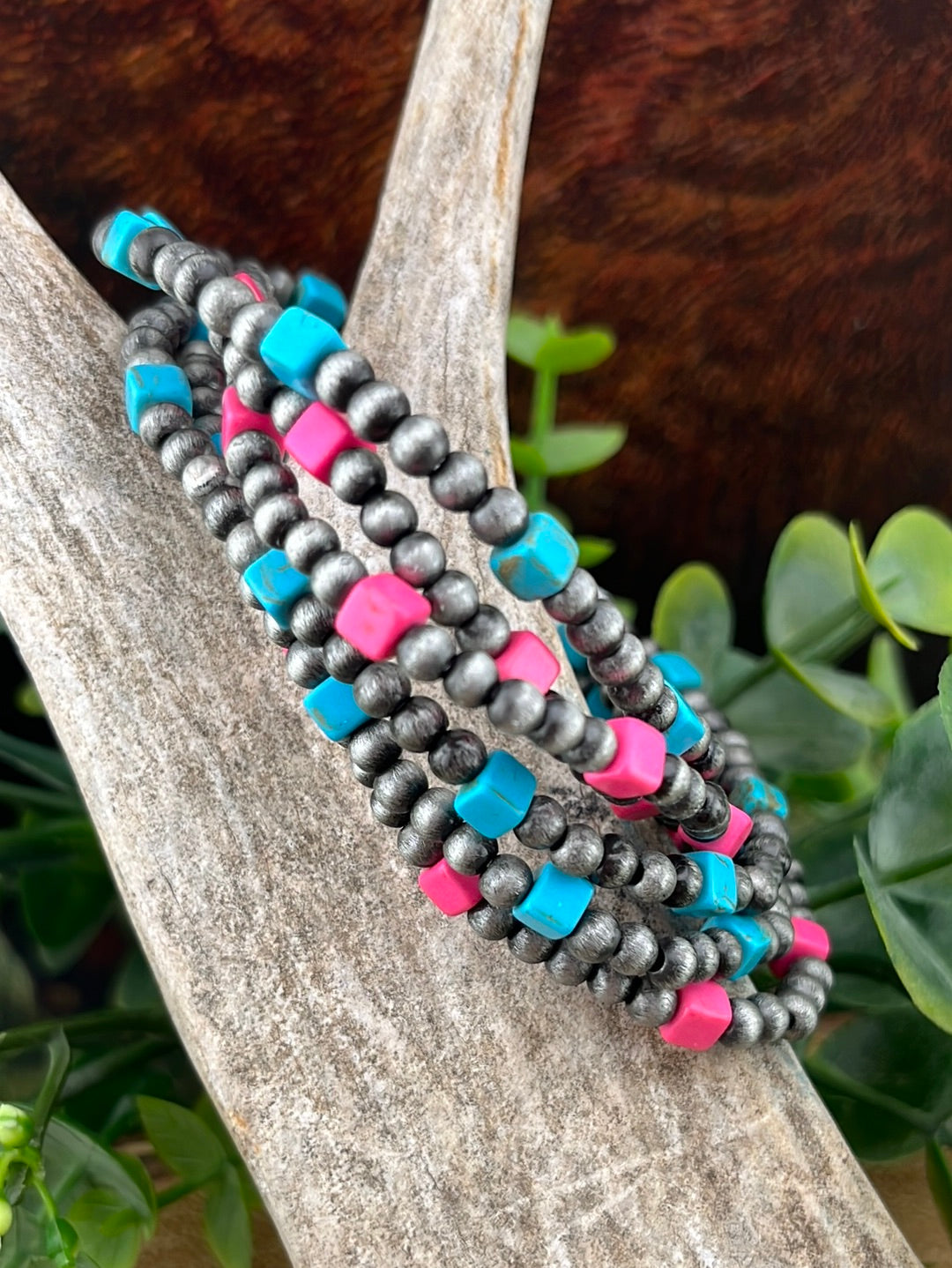 Bailey 3mmNavajo & Square Stone Fashion Stretch Bracelet Set