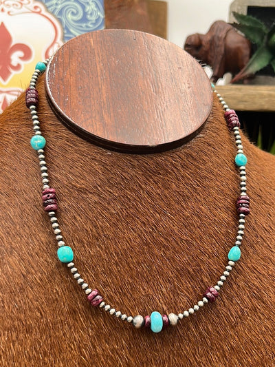 McKinley Sterling Navajo Pearl Necklace With Purple Spiny & Turquoise Accents - 16"