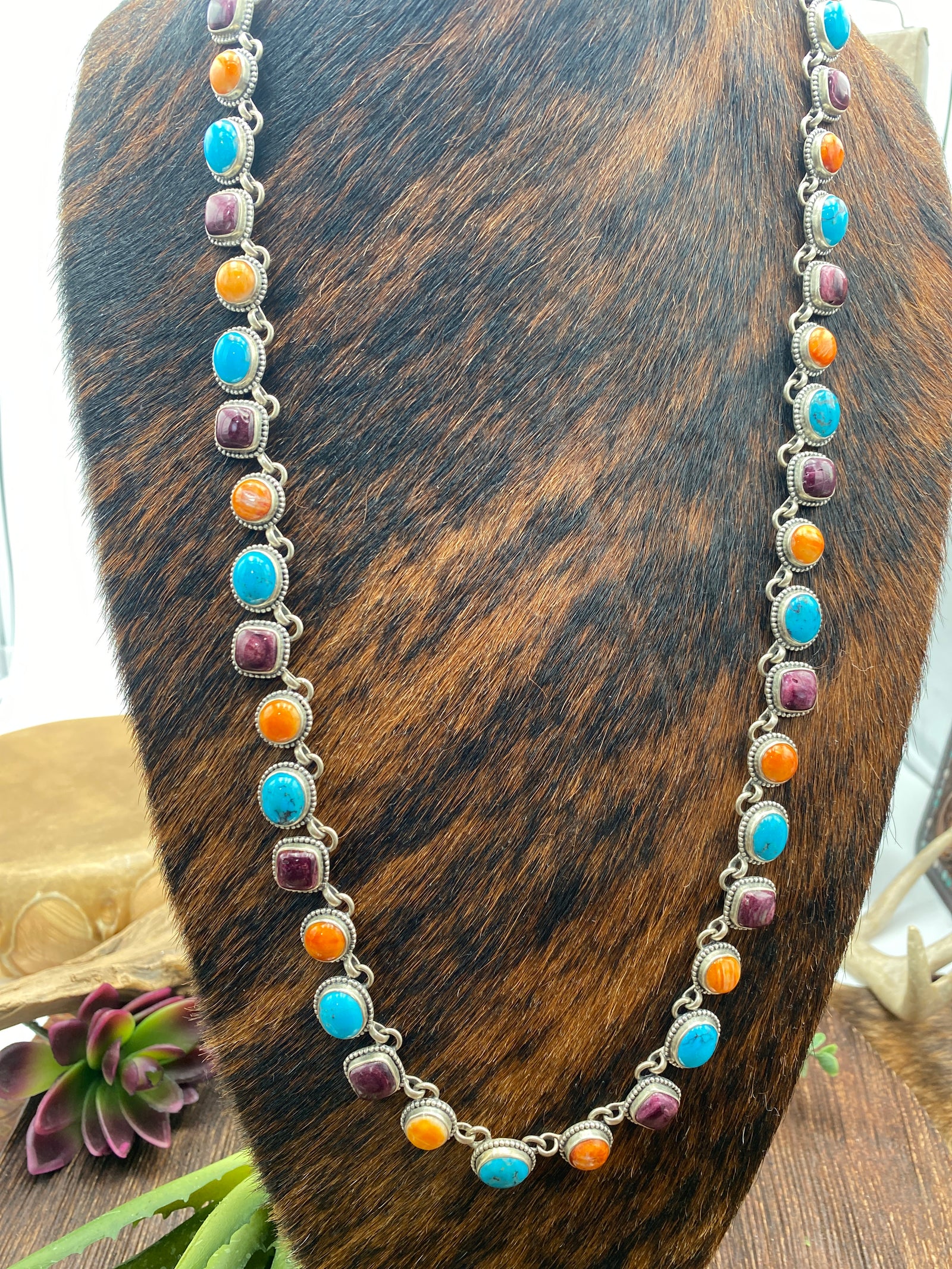 Jessa Linked Turquoise, Purple & Orange Sterling Necklace - 34"