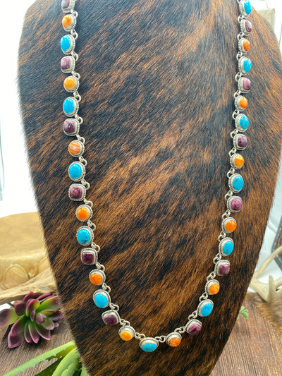 Jessa Linked Turquoise, Purple & Orange Sterling Necklace - 34"