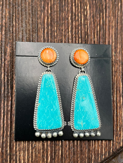 Bluster Round Spiny Post Turquoise Drop Sterling Earrings