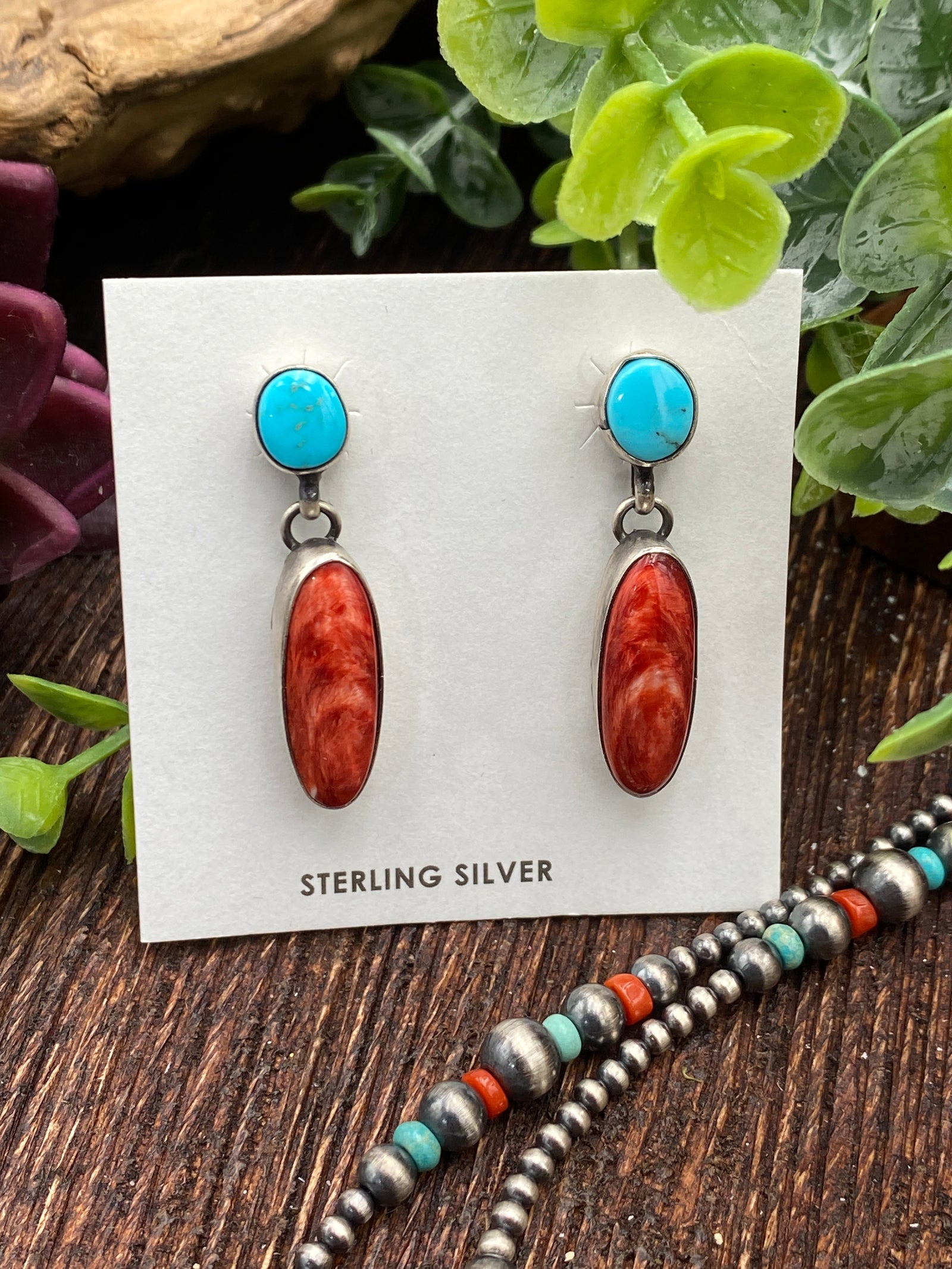 Siloh Turquoise & Red Spiny Double Stone Sterling Earrings