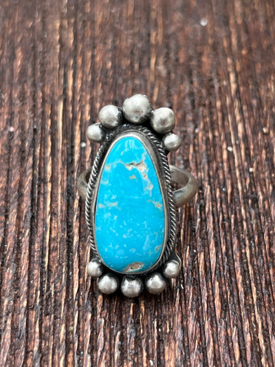 Henshaw Sterling Turquoise Ring With Upper & Lower Bead Detail