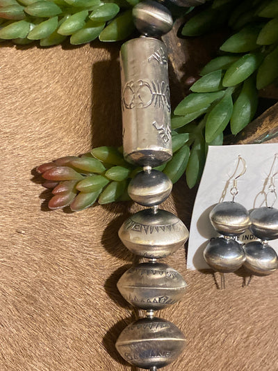 Albatross Sterling Silver Cylinder Large Stamped Bead Necklace & Earring Set - 28"