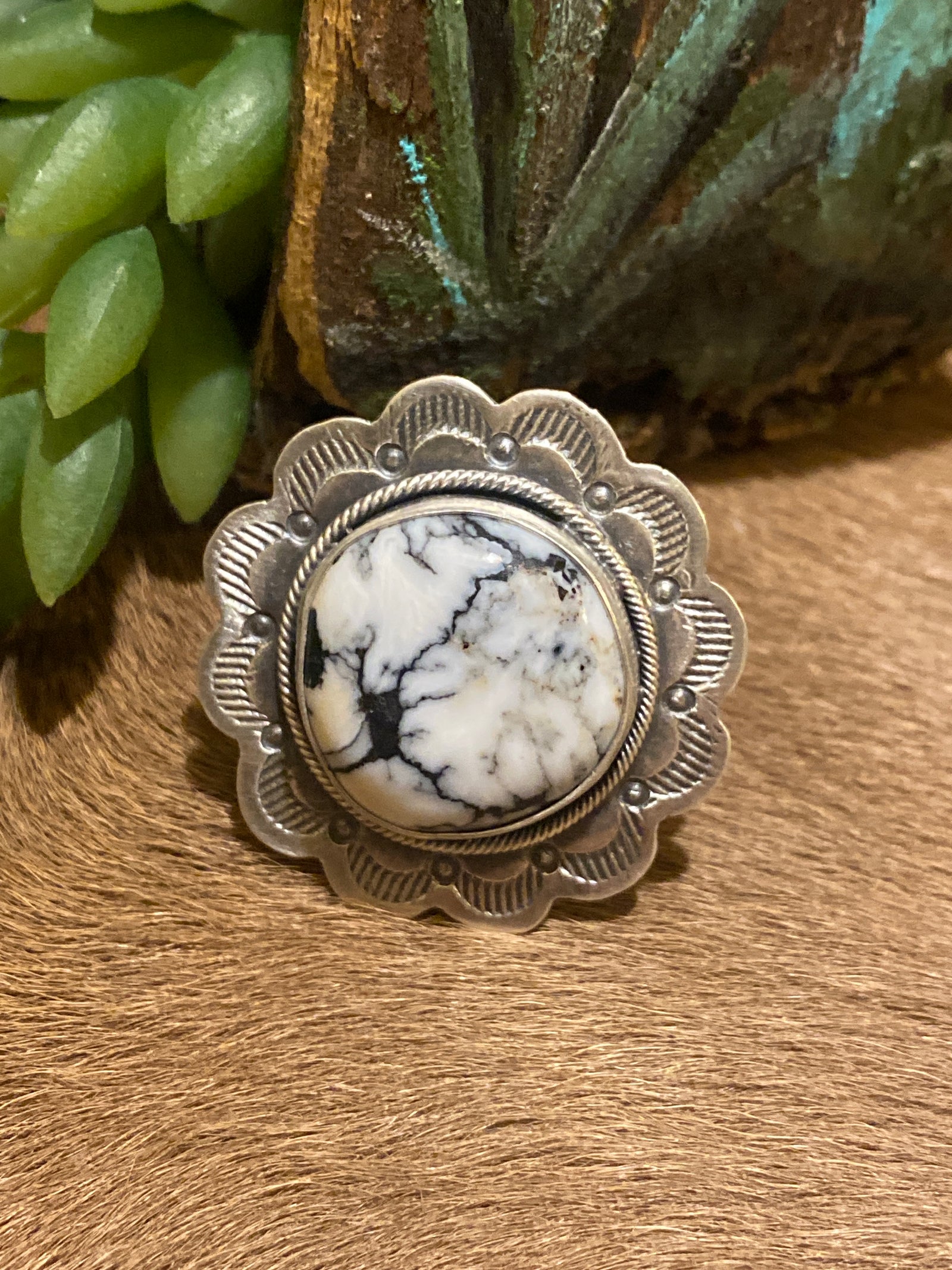 Nelda Sterling Scallop Framed White Buffalo Ring - Size 9